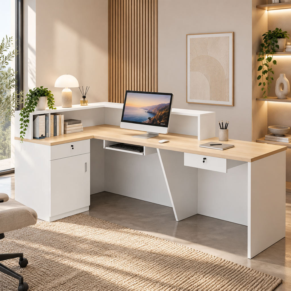 Modern executive office workstation with white storage and oak finish