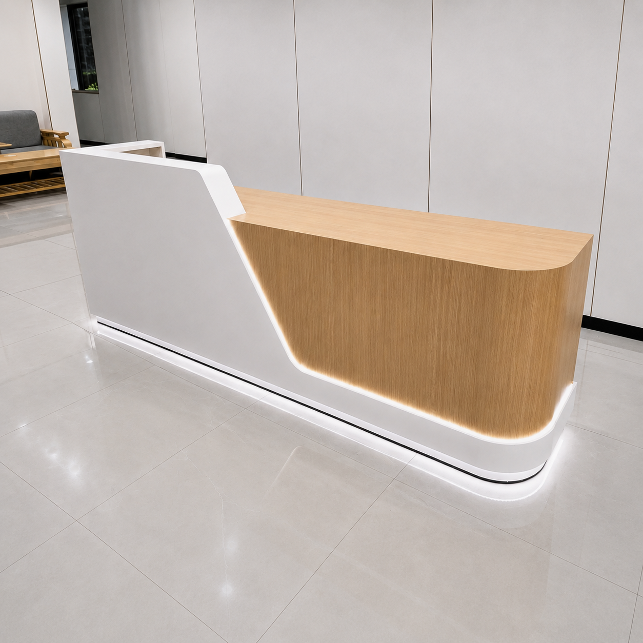 Modern LED Reception Counter with Rounded Corner Design