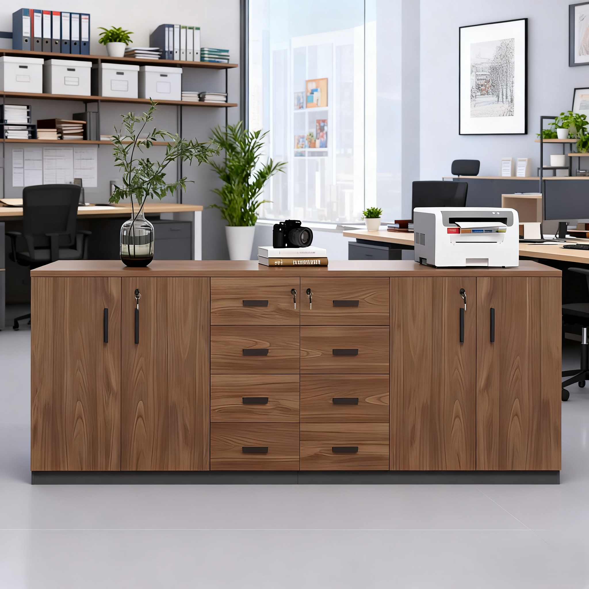 Modern Wood-Finish Office Storage Cabinet for Organised Workspaces