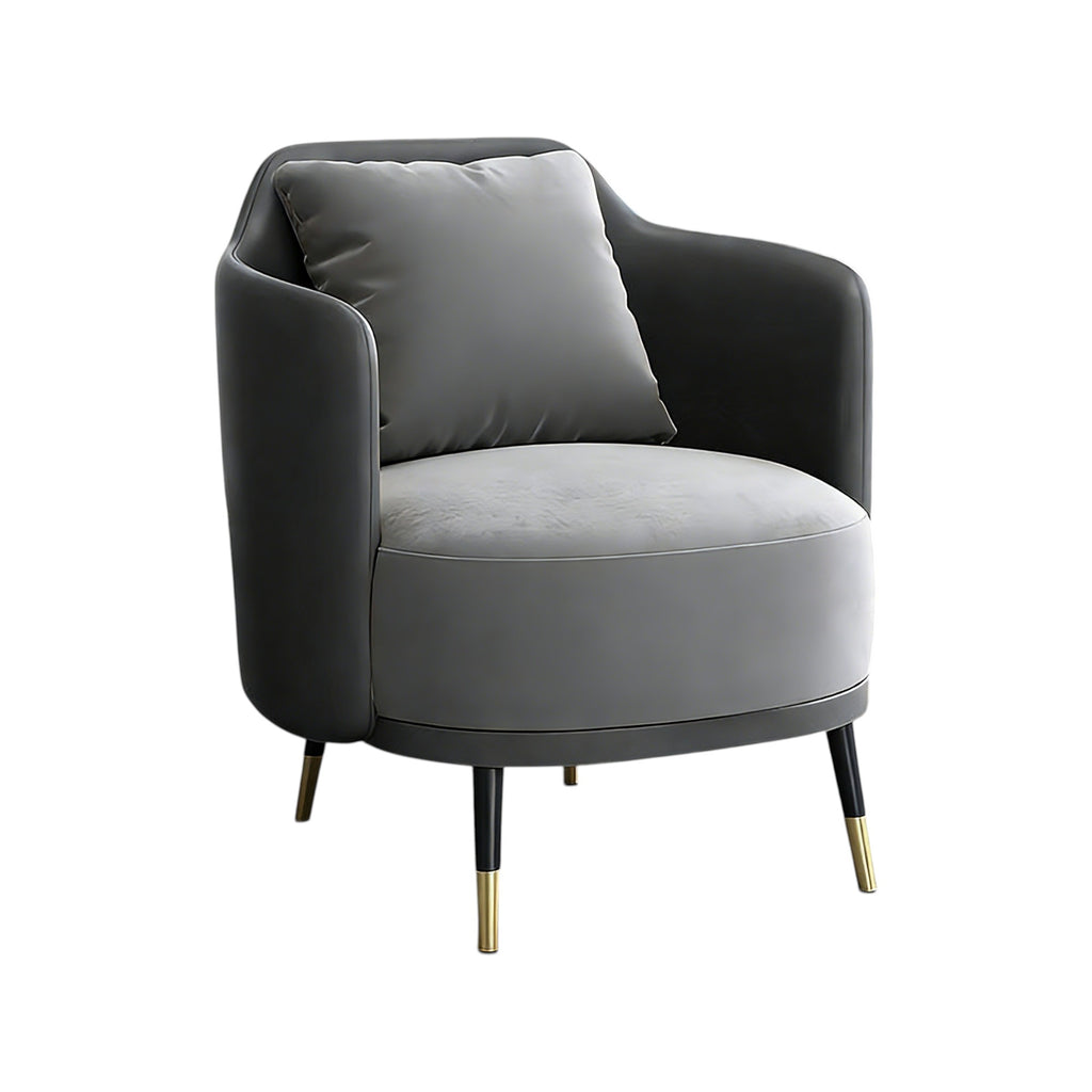 Curved grey office lounge chair with PU leather upholstery and metal legs