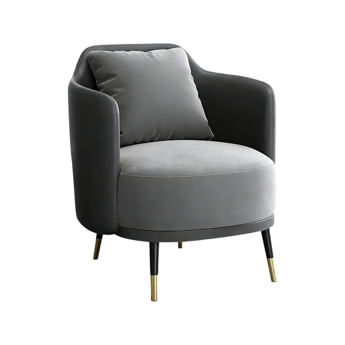 Curved grey office lounge chair with PU leather upholstery and metal legs