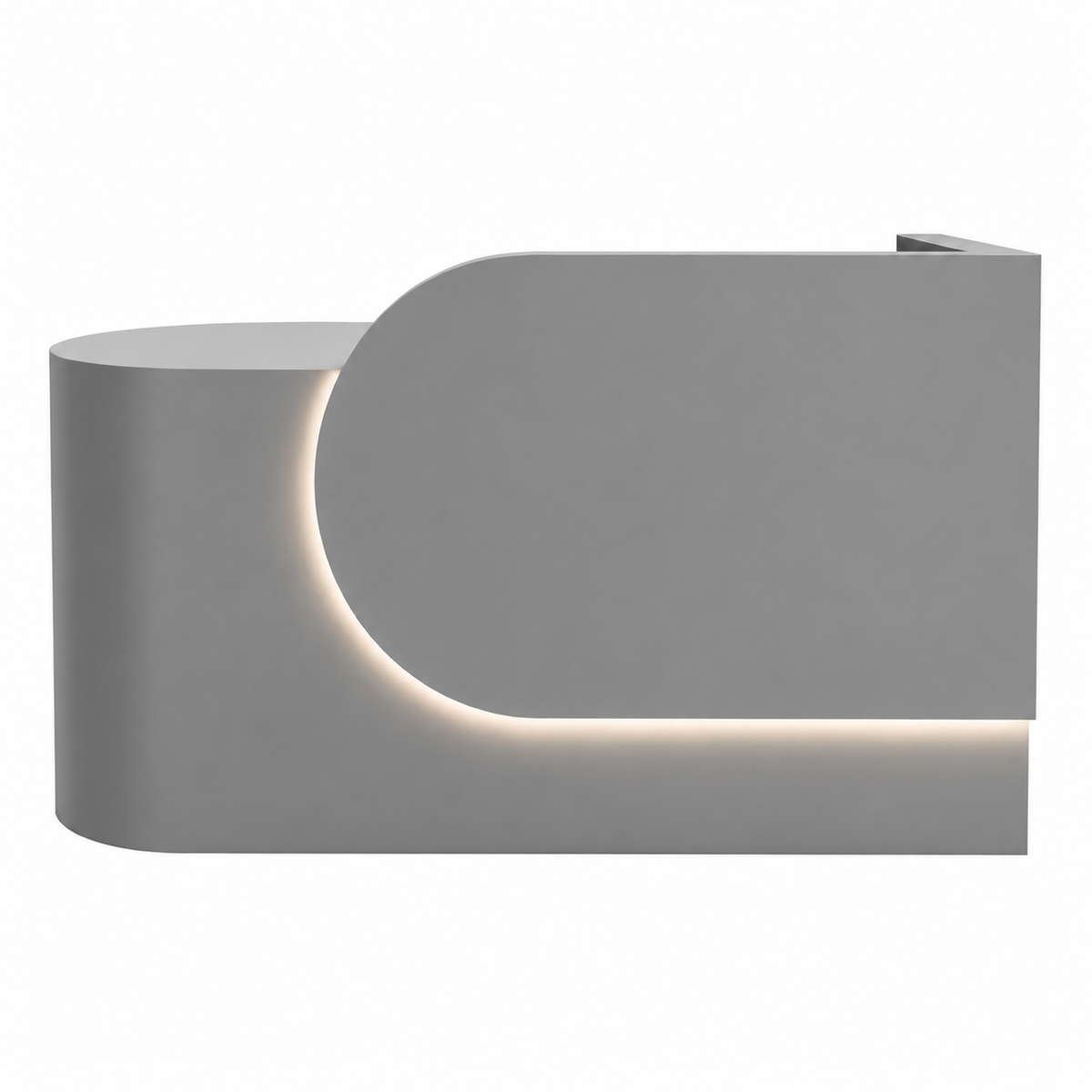 Grey curved reception counter featuring modern LED lighting design