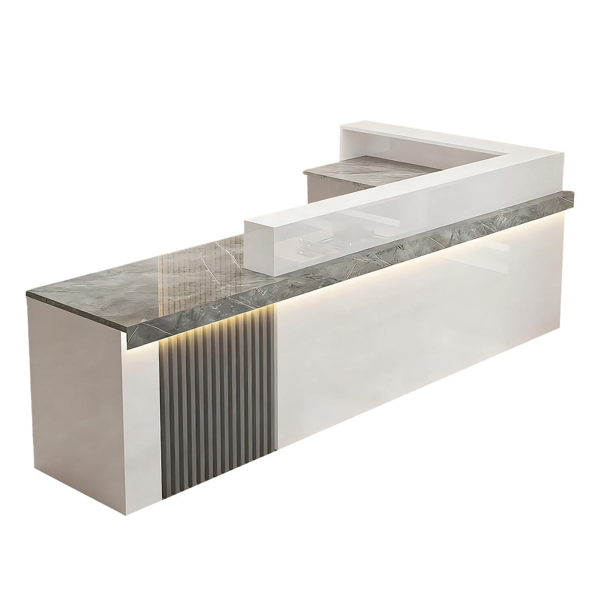 Left high return grey marble look  reception desk with fluted detail for commercial reception spaces