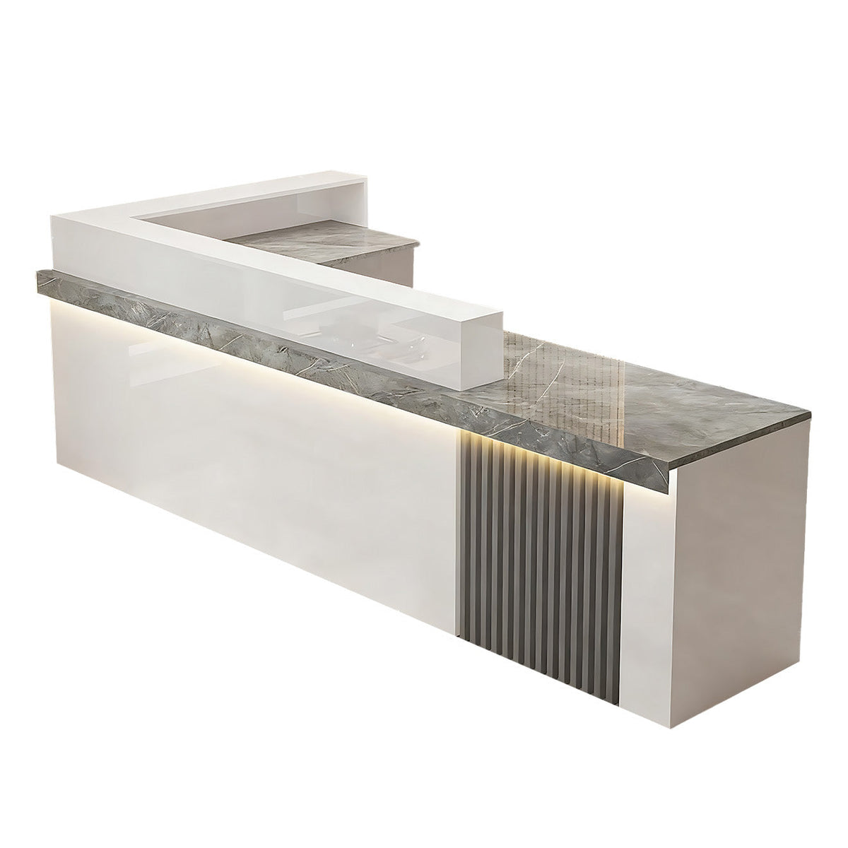 Right high return grey marble look reception desk with fluted detail for commercial reception spaces