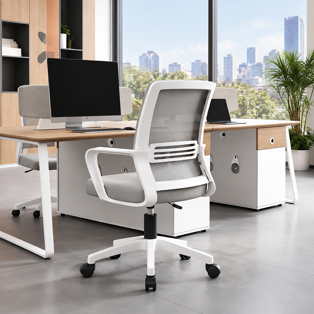 Ergonomic office chair with white frame and grey  back for workplace seating