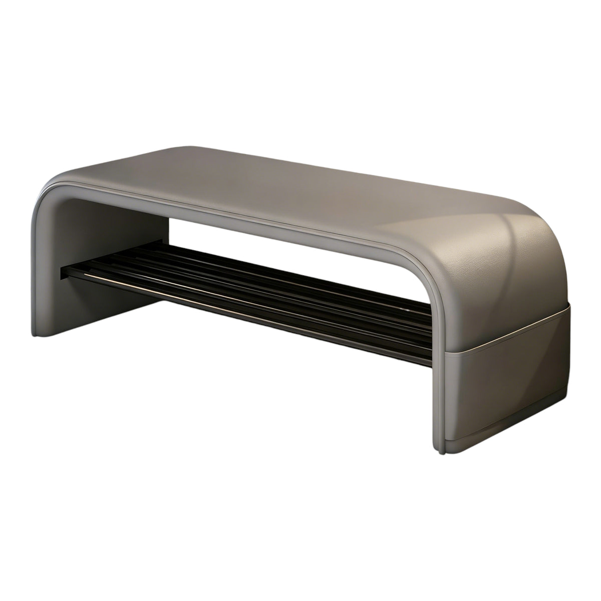 Grey storage bench with curved design for office and entryway spaces