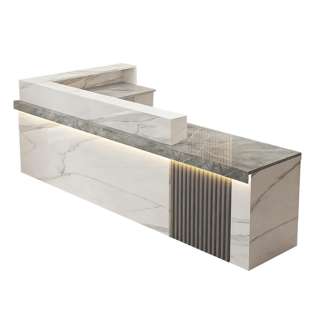 Right high return grey white marble look reception desk with fluted detail for commercial reception spaces