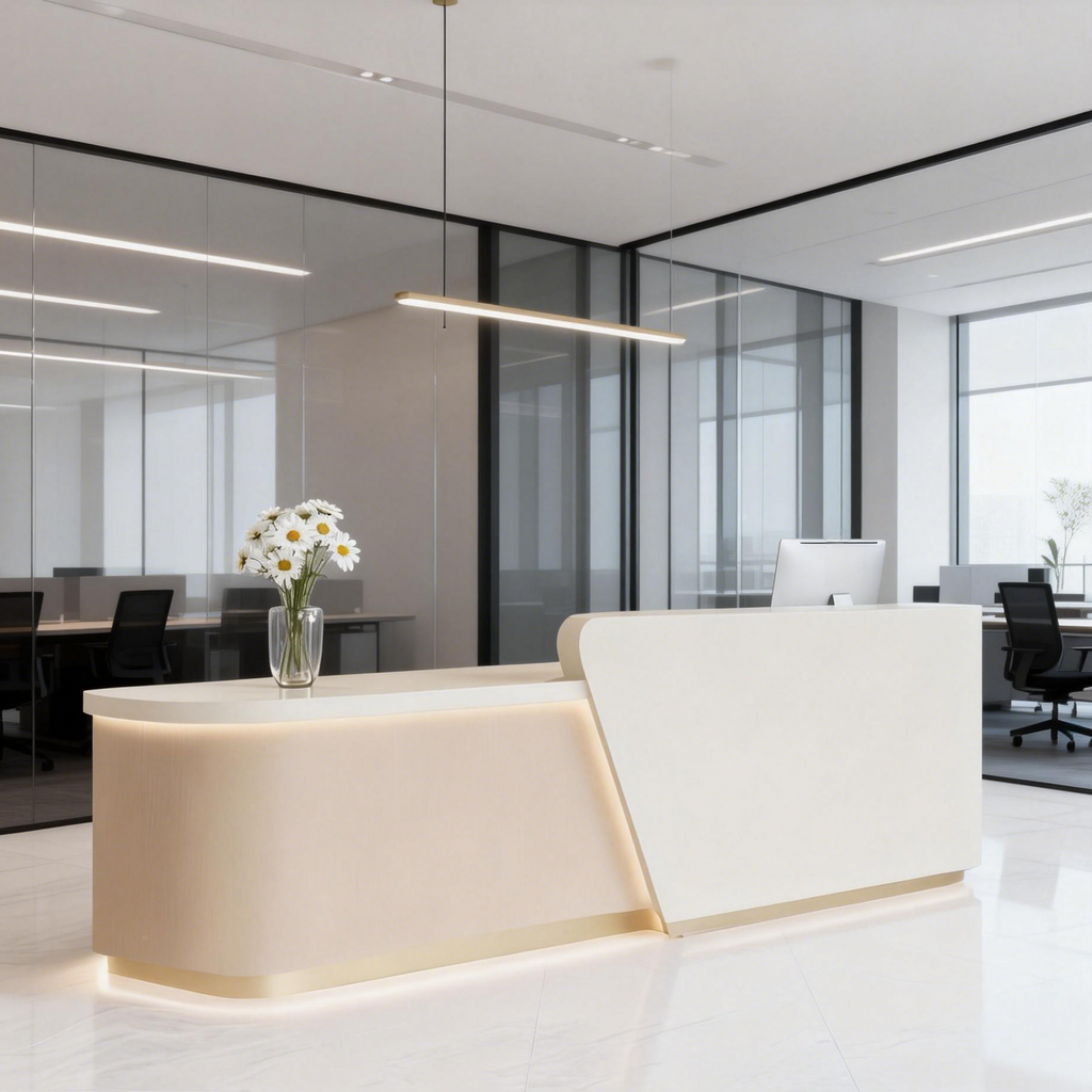 Curved Reception Counter with LED Halo and Transaction Top