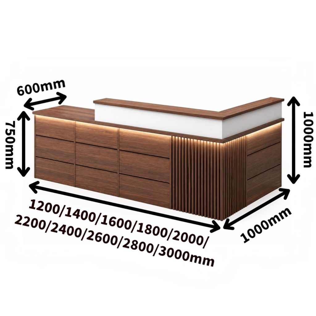 L-shaped reception desk dimensions with multiple width options for commercial spaces