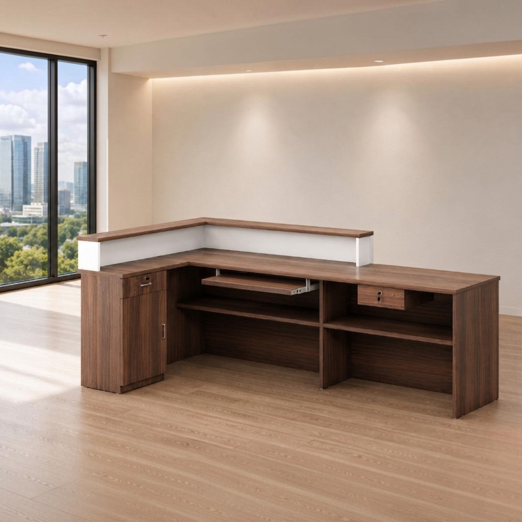 L-shaped reception desk with built-in storage cabinets and practical workspace