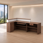 L-shaped reception desk with built-in storage cabinets and practical workspace