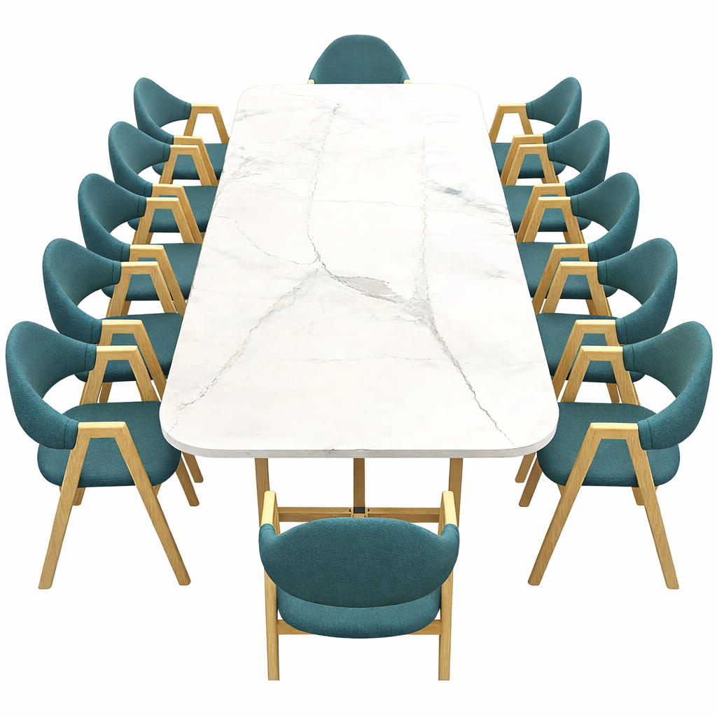 Large marble dining table set with blue upholstered chairs for restaurants, hospitality venues and hotel dining spaces