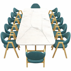 Large marble dining table set with blue upholstered chairs for restaurants, hospitality venues and hotel dining spaces