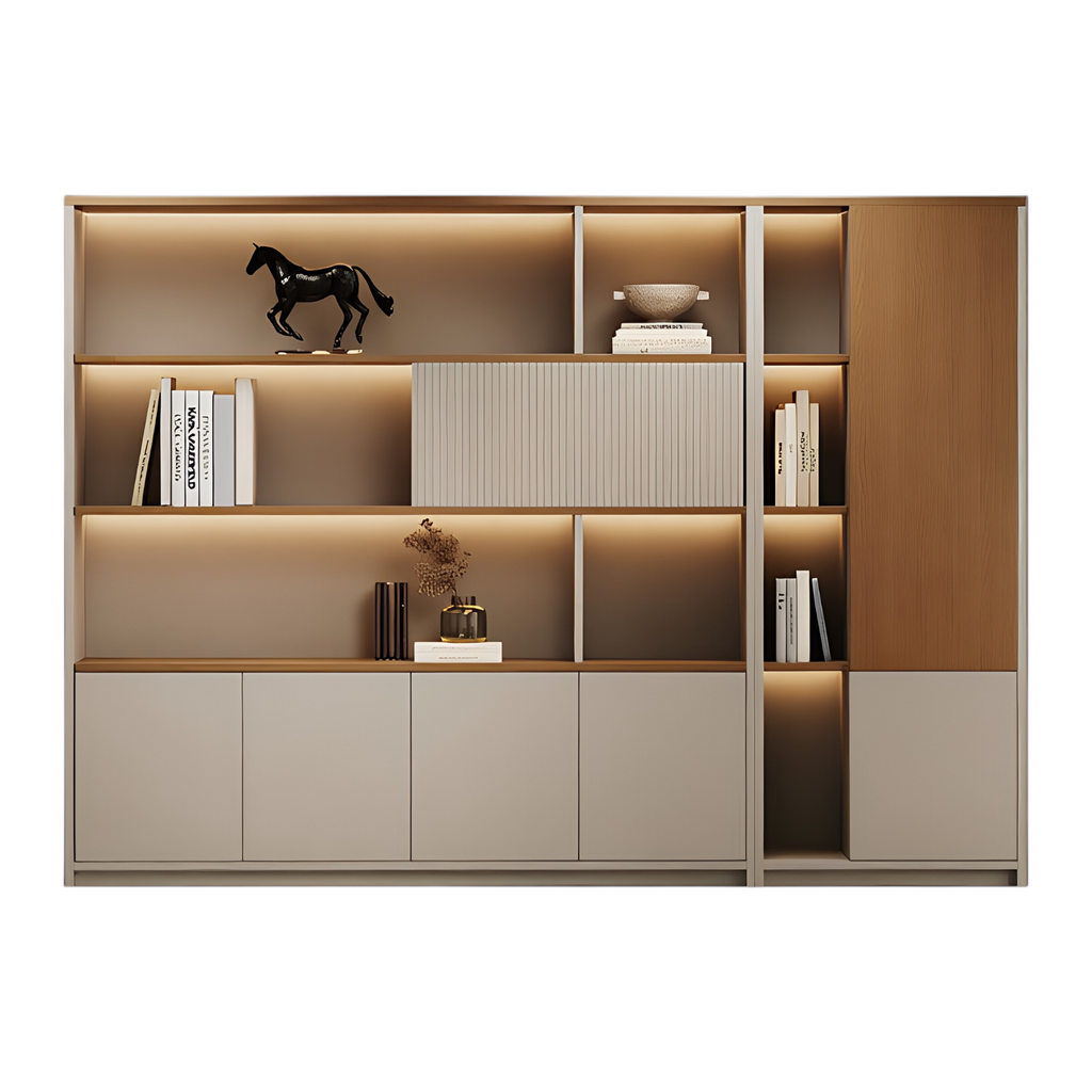 Large office storage wall system with LED lighting and custom configuration options