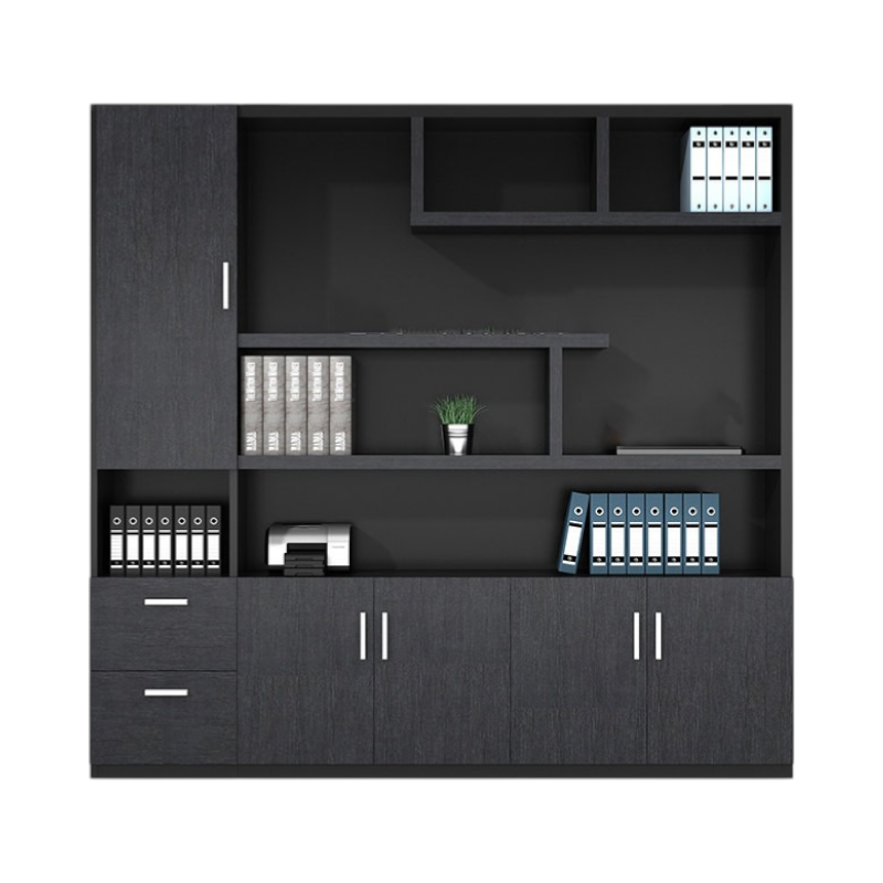 Large office storage wall unit featuring dark wood grain panels, shelves and cabinets for professional offices