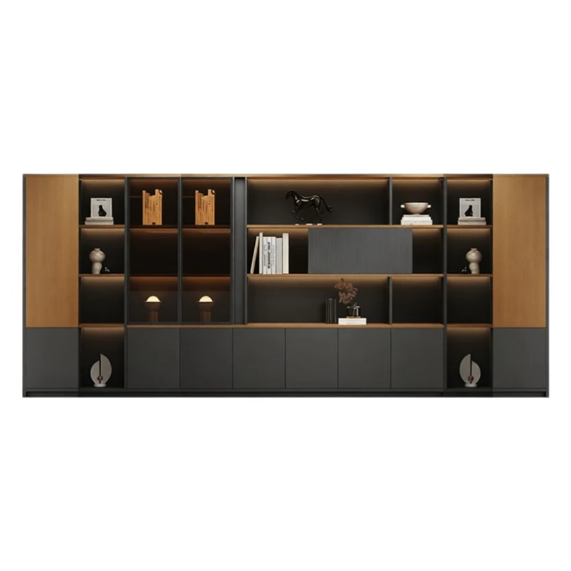 Large office storage wall unit with LED lighting and modern cabinet layout