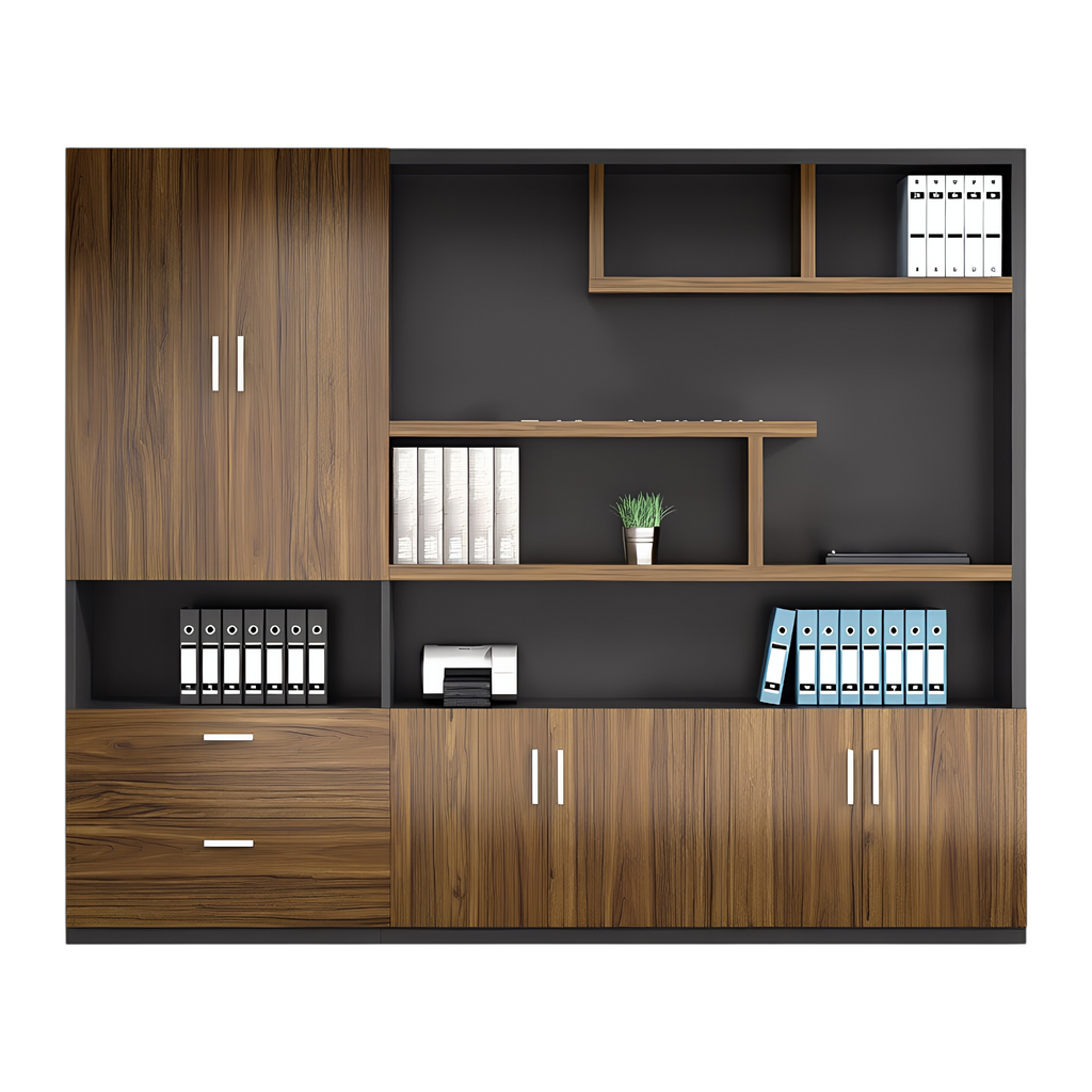 Large executive storage cabinet with open shelves, drawers and wood grain finish for commercial offices