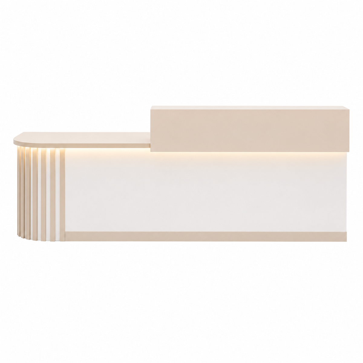 Minimalist curved reception counter with LED accent lighting and modern finish