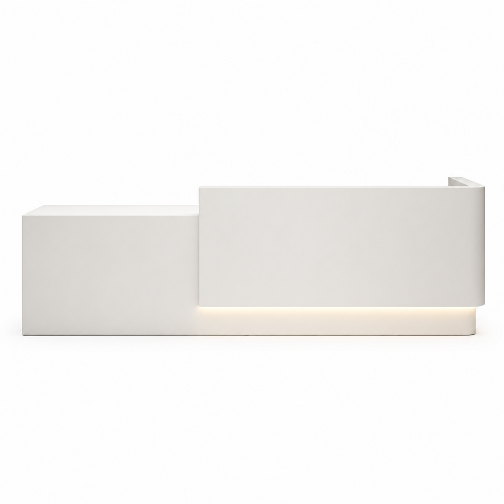 Modern office reception desk isolated on white background with LED base