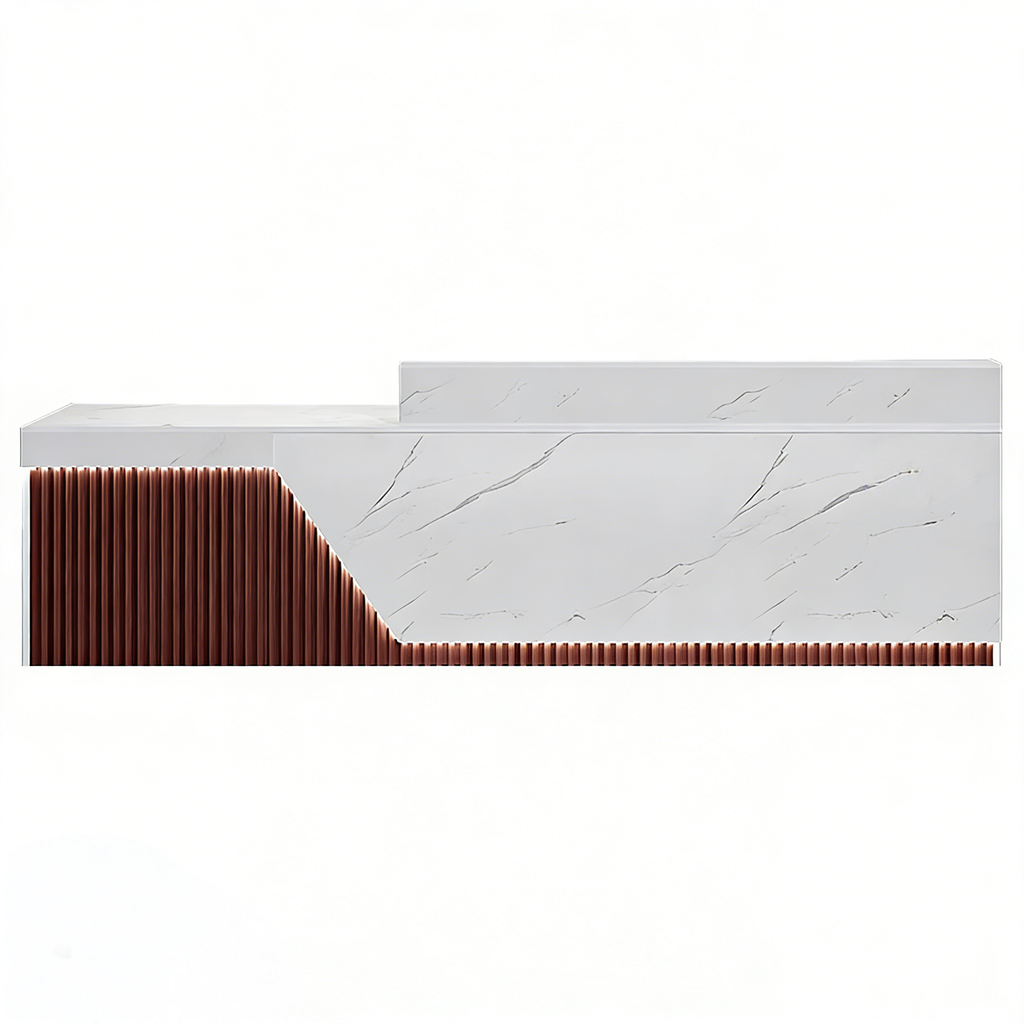 Marble reception counter with integrated LED base lighting for workplaces
