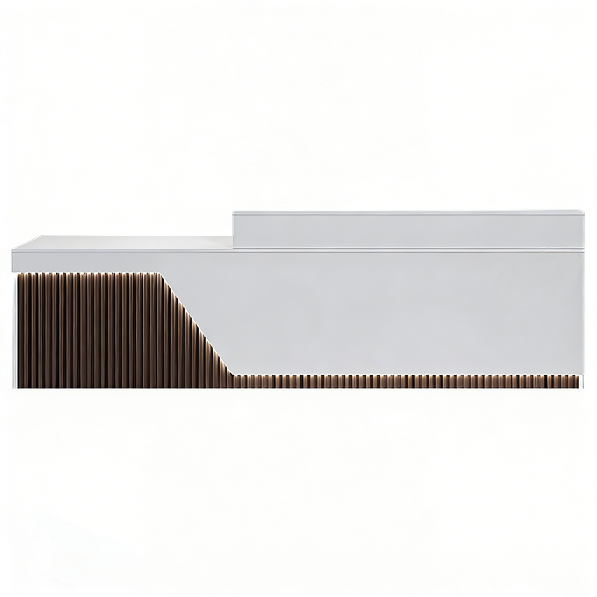White and Walnut Finish reception desk with decorative wood fluted panel detailing
