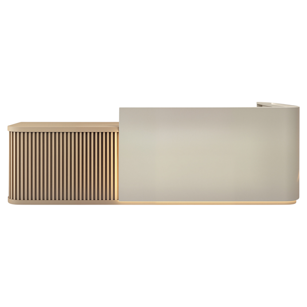 Left high side without return reception desk with Beige & Natural Oak Finish and LED accent lighting
