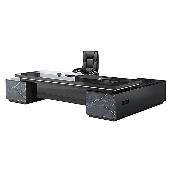 Modern black executive desk with marble storage base for professional office spaces