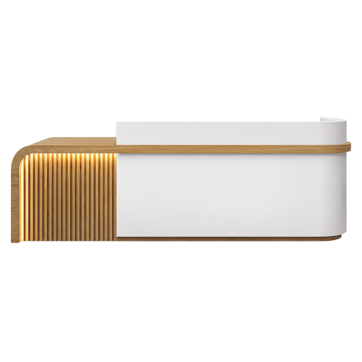 Left return reception counter with Pure White, Natural Oak Finish and LED accent lighting