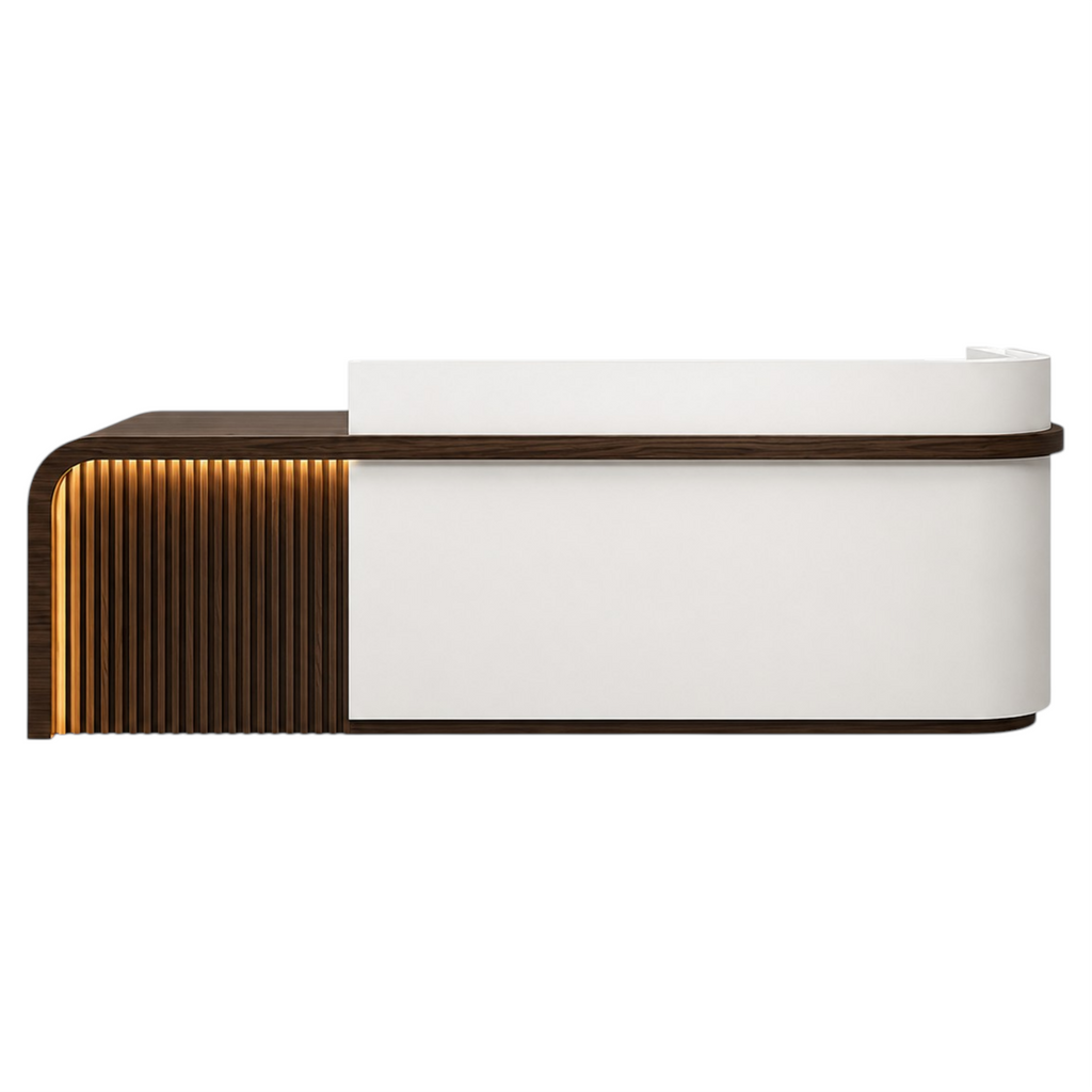 Left return reception counter with Pure White Finish and LED accent lighting