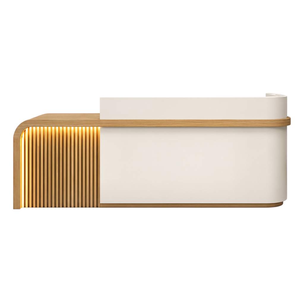 Left return reception counter with Warm Off-White, Natural Oak Finish and LED accent lighting