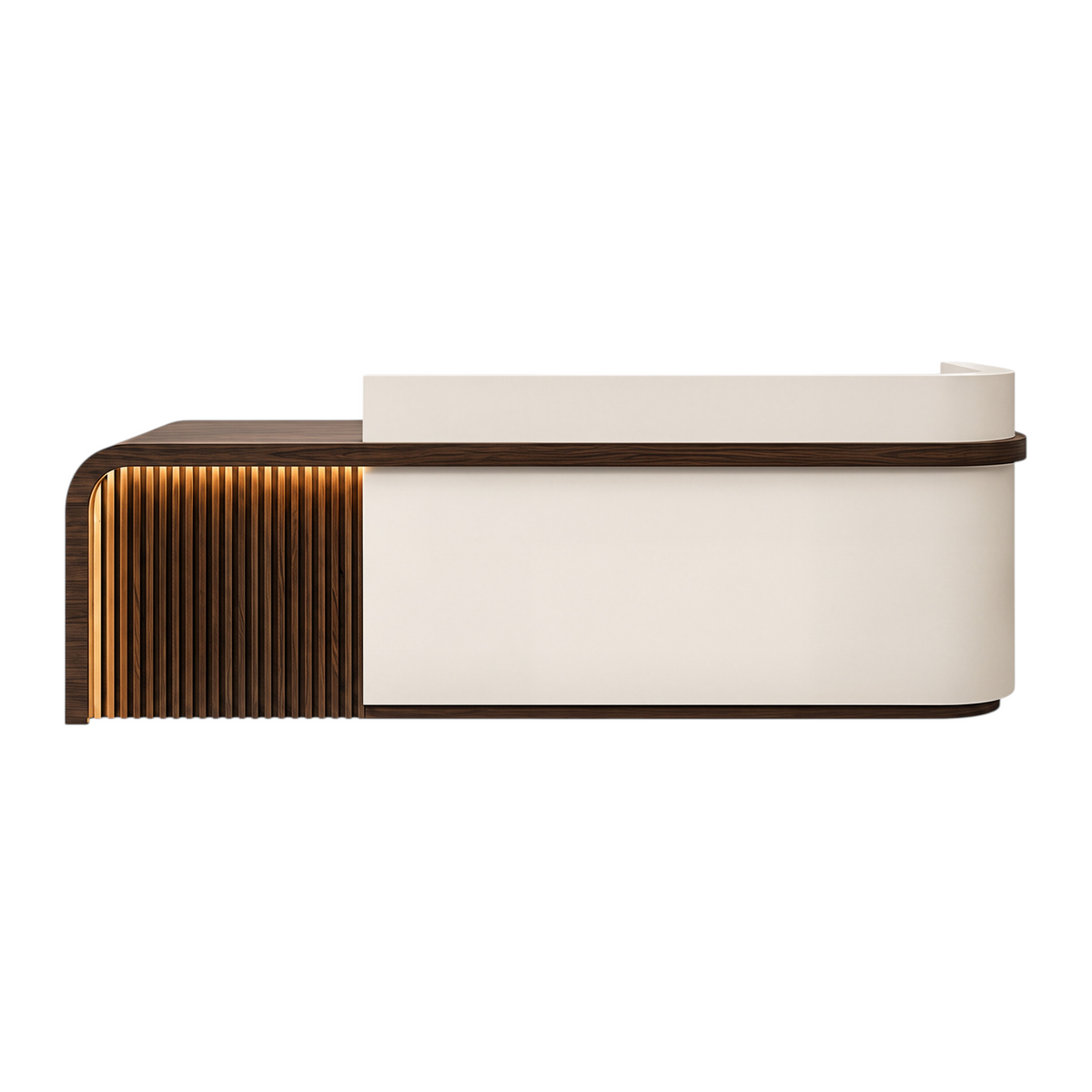 Left return reception counter with Warm Off-White Finish and LED accent lighting