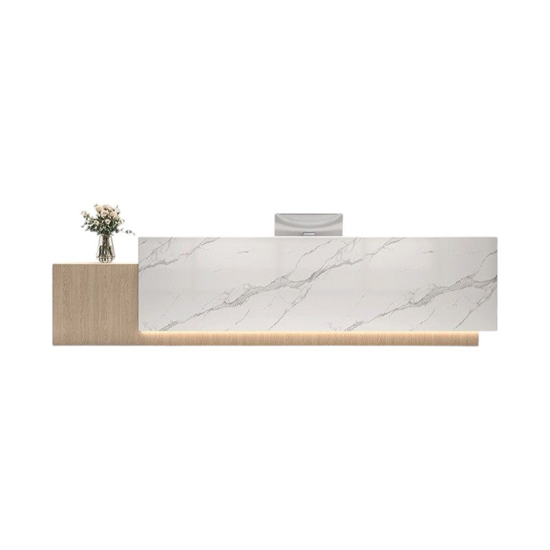 Reception desk with wood side panel and LED lighting for business interiors