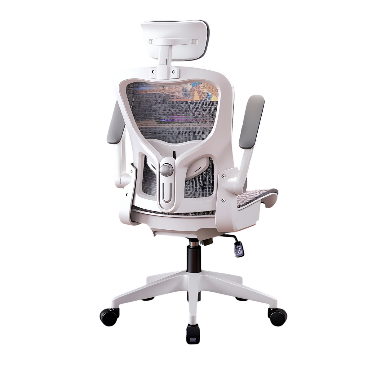 Light grey mesh office chair front view with ergonomic back support