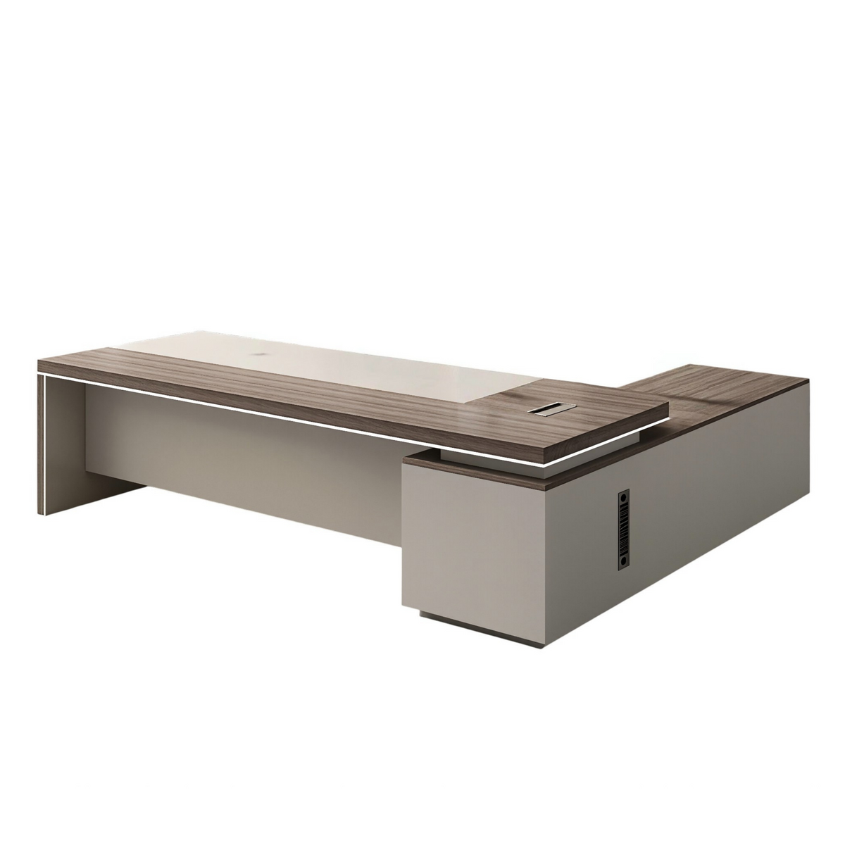 L-shaped executive office desk with side storage cabinet and cable management