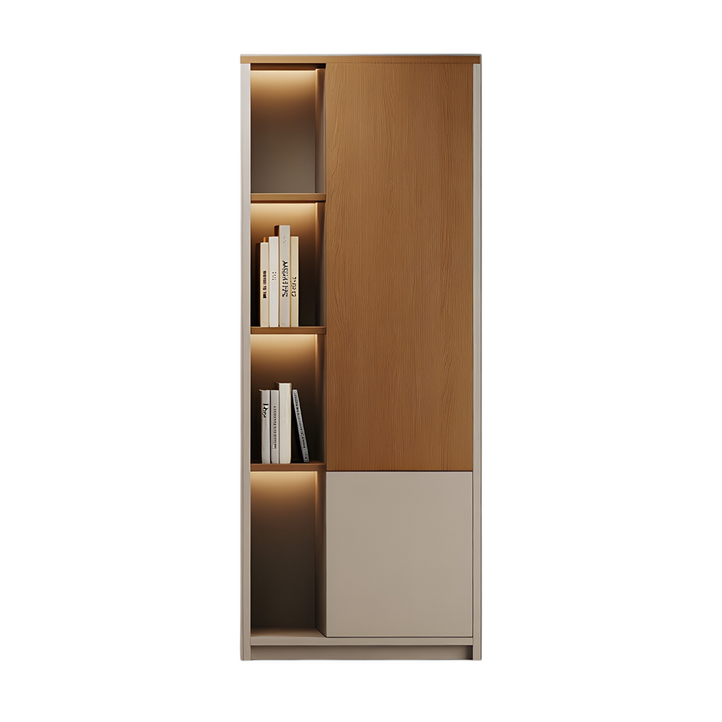 Executive storage wall system with illuminated shelves and modern office cabinetry