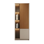 Executive storage wall system with illuminated shelves and modern office cabinetry