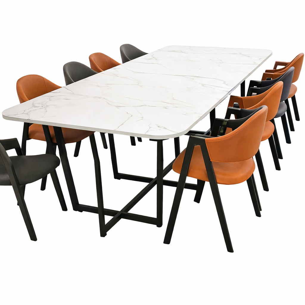 Marble dining table set with orange and grey chairs for modern dining rooms, restaurants and hotel spaces