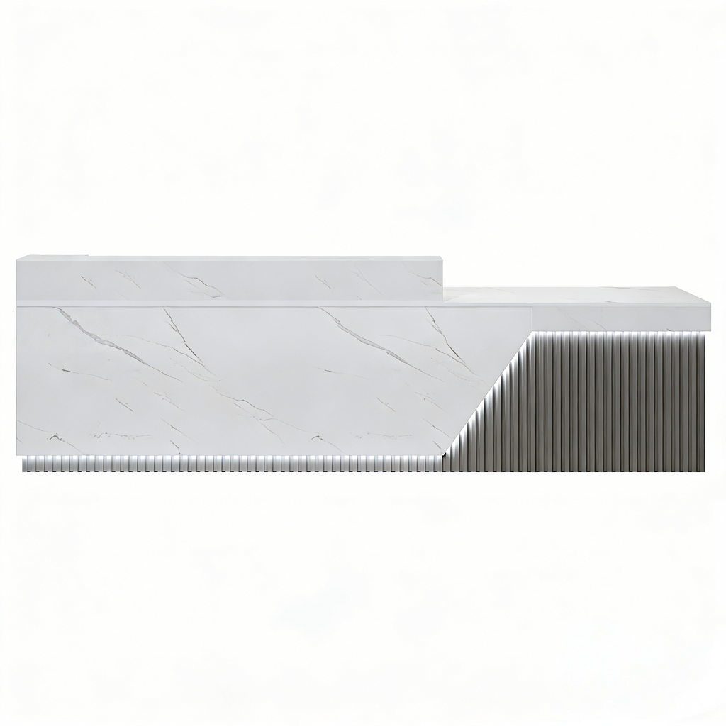 Marble reception counter with integrated LED base lighting for workplaces