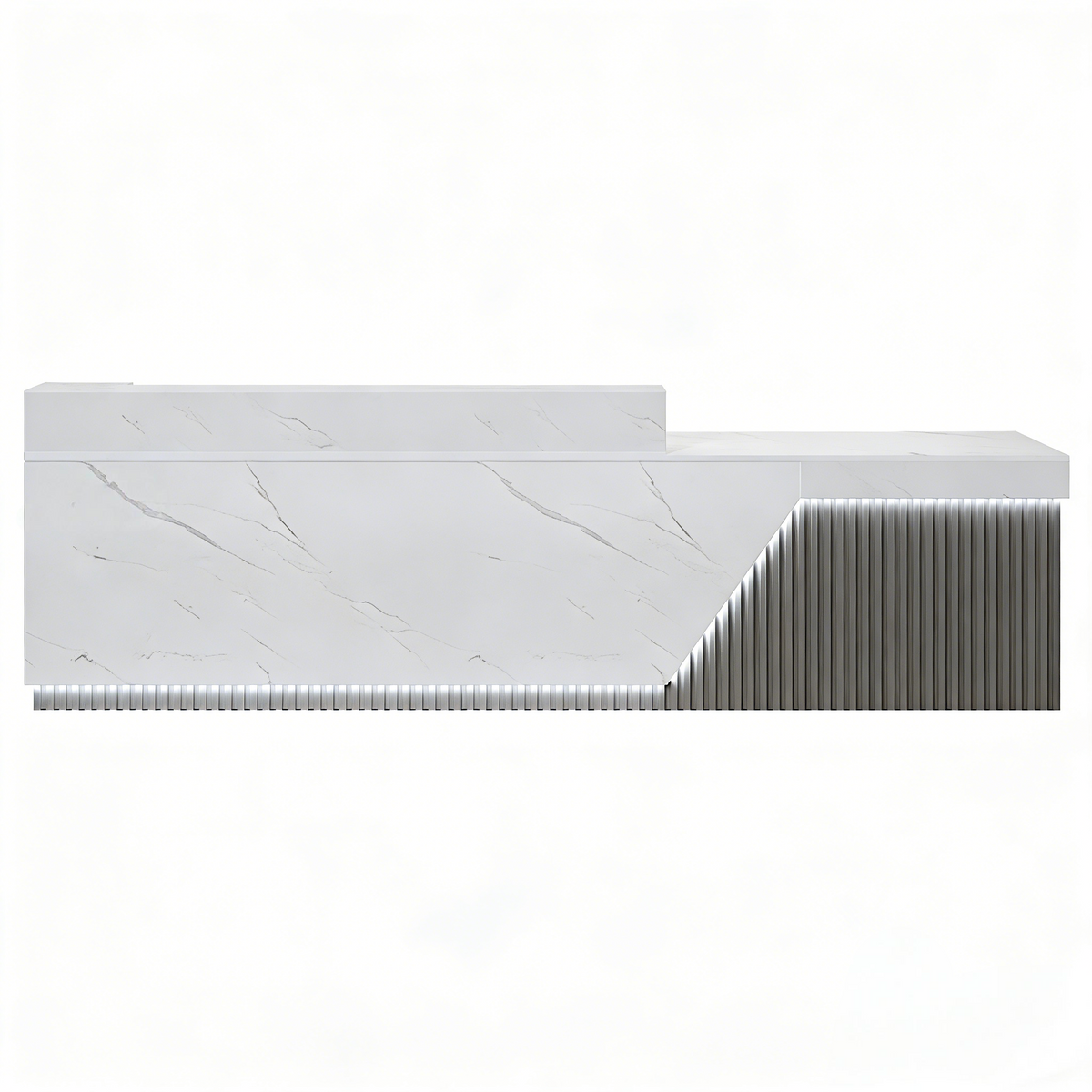 Marble reception counter with integrated LED base lighting for workplaces