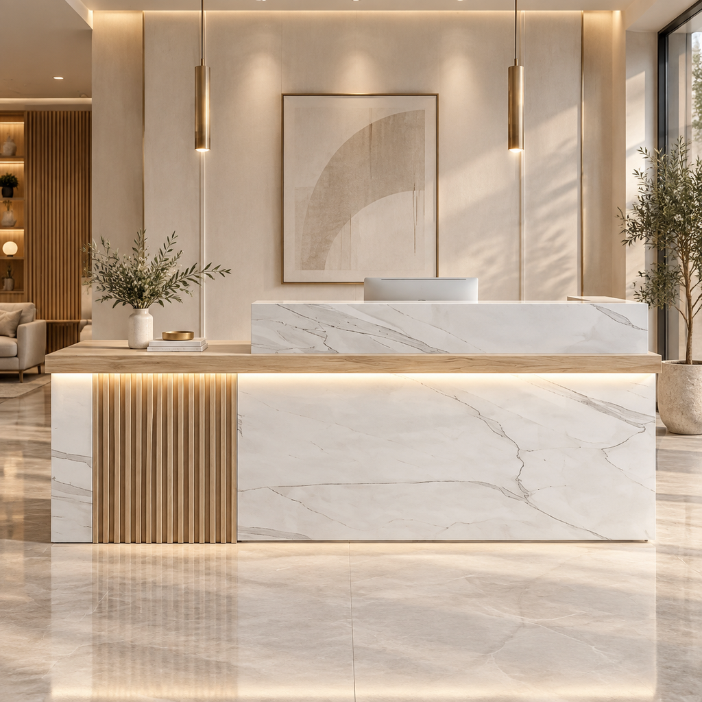 Marble reception desk with fluted panel and integrated LED lighting for commercial offices