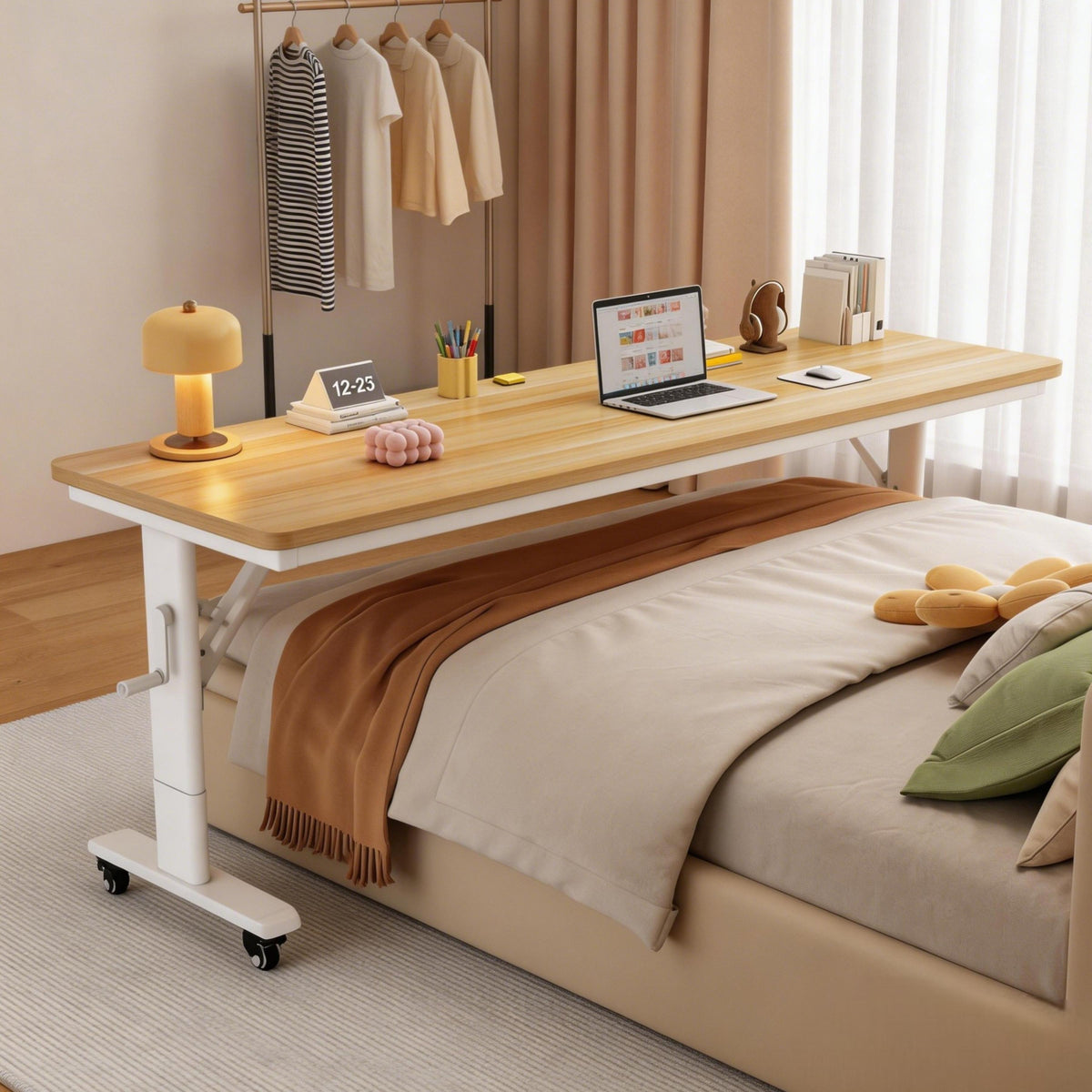 Mobile height adjustable desk in a modern home office workspace with wooden desktop