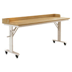 Mobile height adjustable table with timber-look finish and raised back edge for workspaces