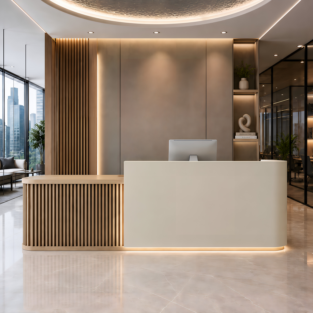 Modern curved reception desk with LED lighting and fluted wood panel design for commercial offices and professional reception areas