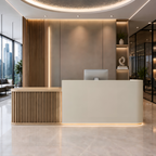 Modern curved reception desk with LED lighting and fluted wood panel design for commercial offices and professional reception areas