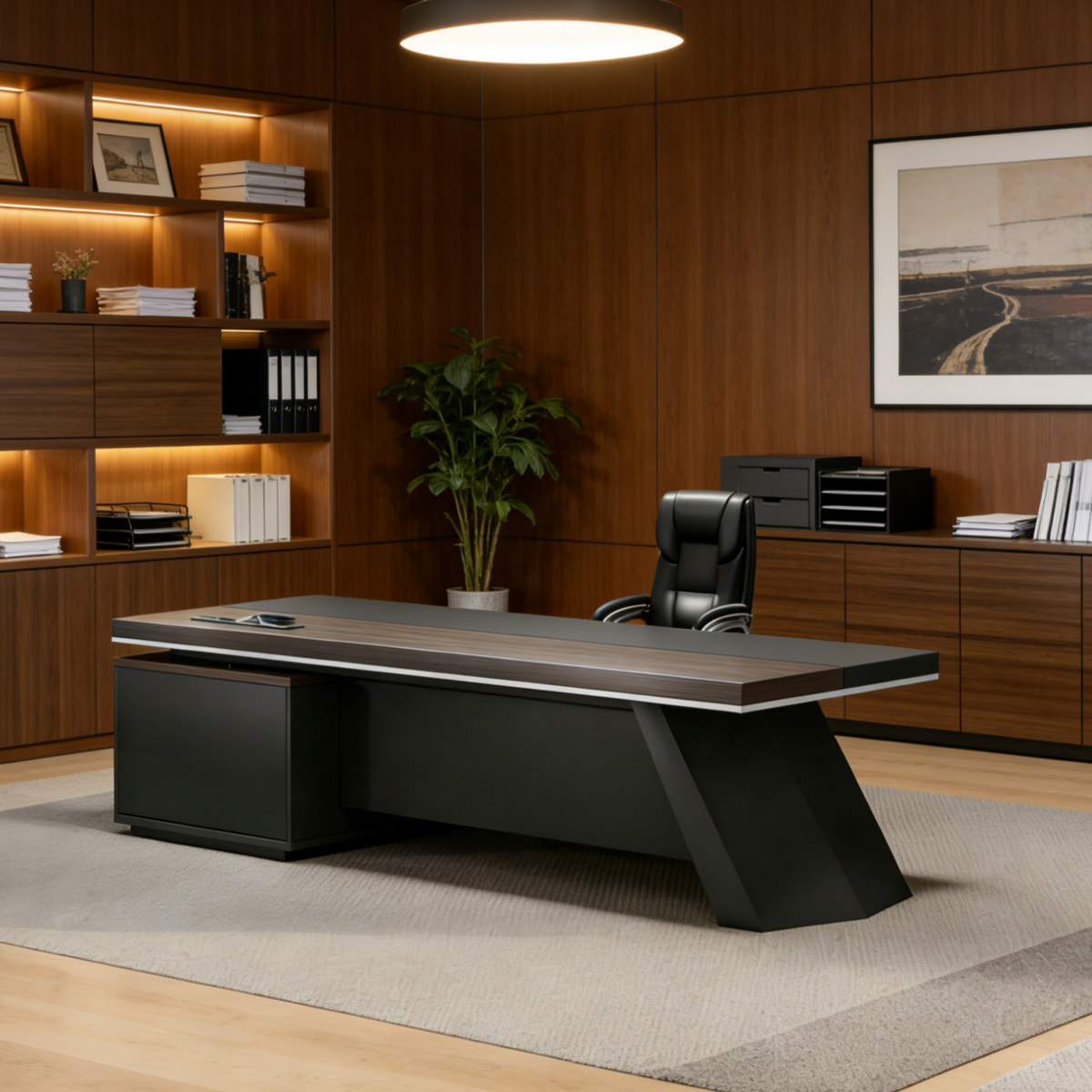 Modern black executive office desk designed for corporate offices and executive workspaces