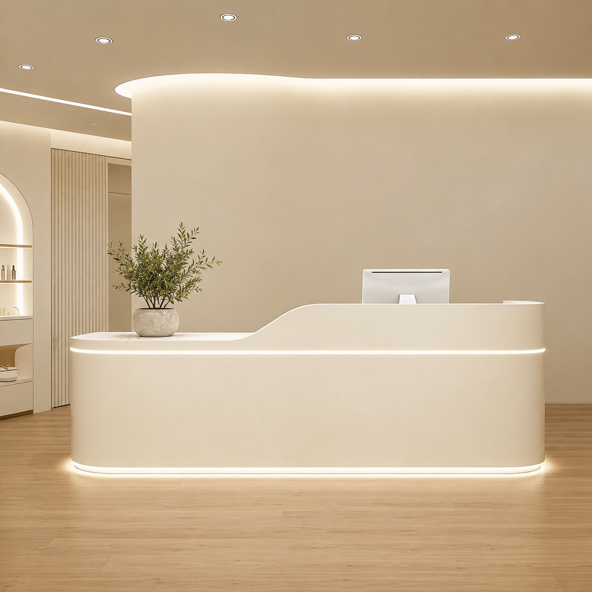 Modern curved LED reception counter designed for contemporary office reception areas