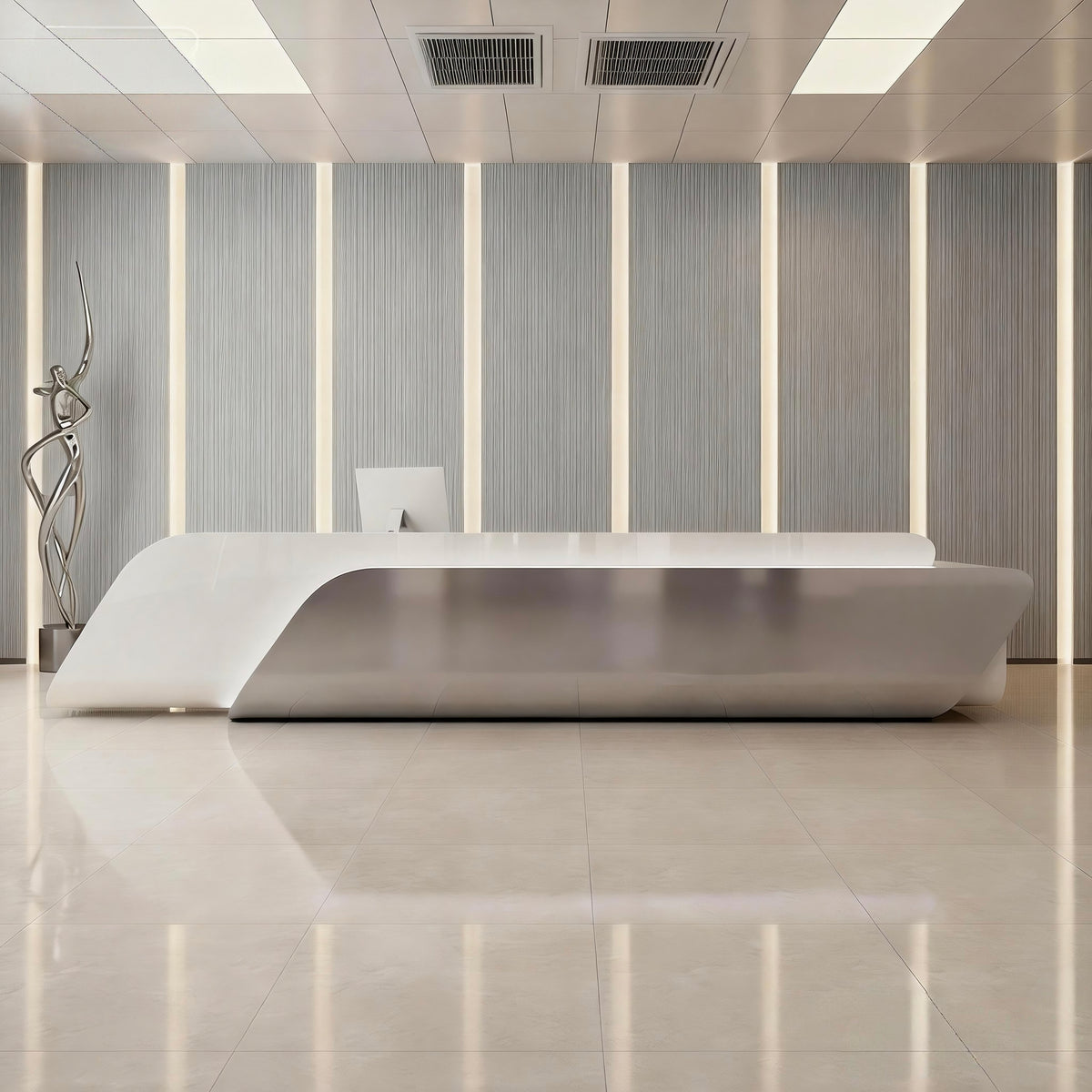 Modern curved reception desk with LED lighting for contemporary commercial offices
