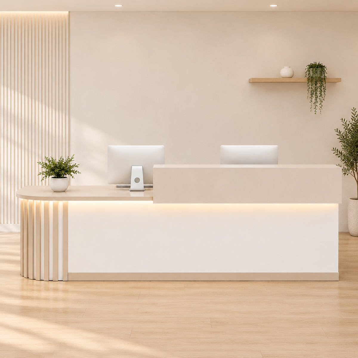 Modern curved reception desk with LED lighting in a contemporary office space