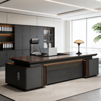 Modern executive desk with fluted front panel in a contemporary office setting