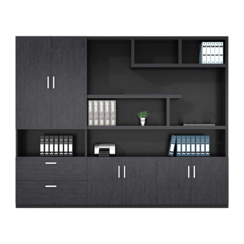 Modern executive office bookcase storage unit with drawers, shelving and dark wood finish design